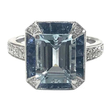 Load image into Gallery viewer, Art Deco Style Aquamarine, Sapphire and Diamond Cluster Cocktail Ring