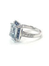 Load image into Gallery viewer, Art Deco Style Aquamarine, Sapphire and Diamond Cluster Cocktail Ring