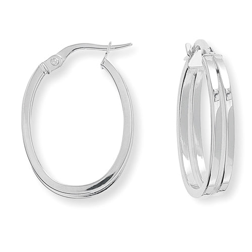 9ct White Gold Square Tube Oval Hoop Earrings