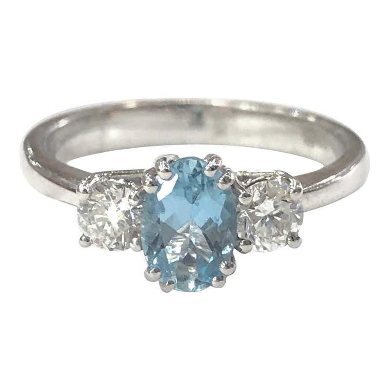 18 Carat White Gold Aquamarine and Diamond Three-Stone Ring