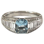 18 Carat White Gold Aquamarine and Baguette Diamond Ring