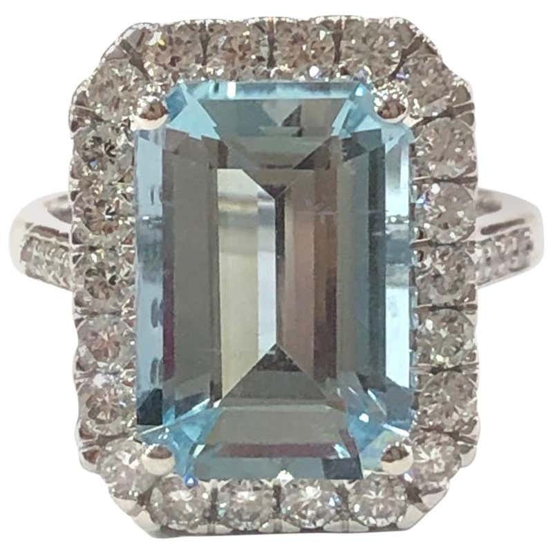 18 Carat White Gold Aquamarine and Diamond Cluster Ring
