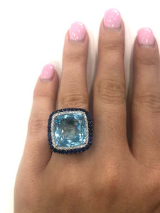 1970s Blue Topaz, Sapphire and Diamond Cluster Cocktail Ring
